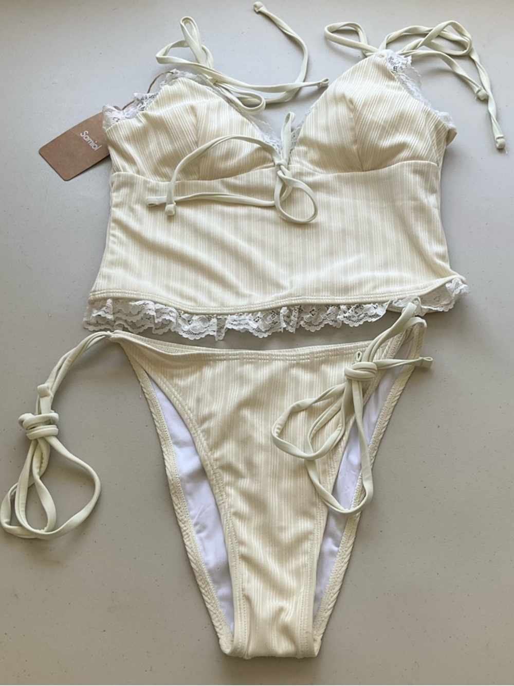 Samiol Tankini Set Small Beige Lace V Neck Bikini Set Swimwear